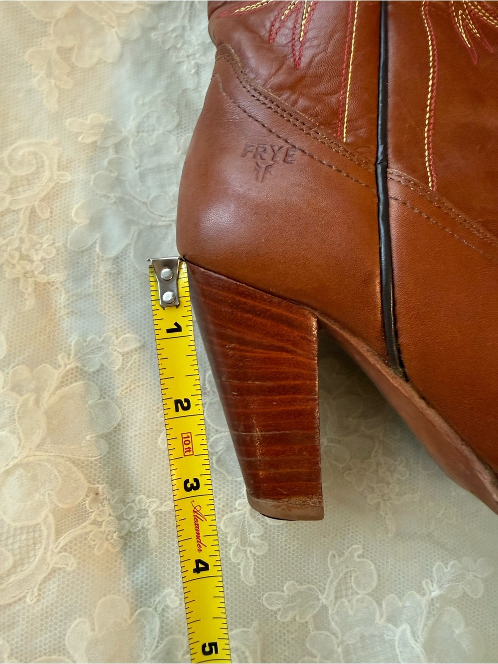 FRYE 7.5 Women's Western Cognac Leather Heeled Boots Vintage 1980s Made in USA - Picture 11 of 16